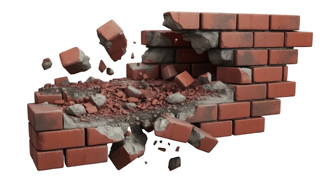 Cracked red brick wall revealing concrete and debris, isolated on transparent background