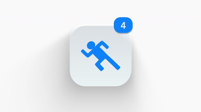 Running person app icon featuring animated notification badge with counter 1 to 99, dynamic shadow effect, minimalist action sports tracking speed concept, on white background. 