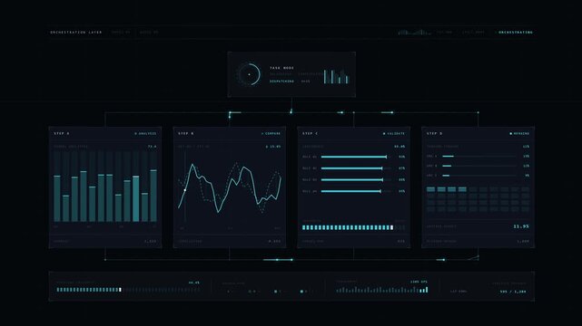 An advanced multi-agent AI system effectively delegates tasks across various processing stages with a sleek dark interface and vibrant animated data flow.