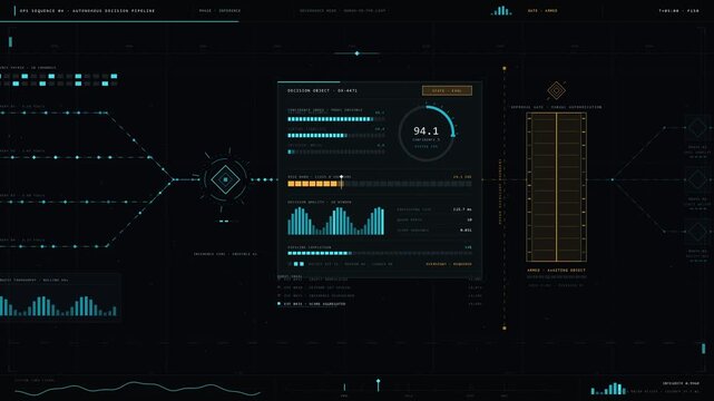 A sophisticated dark enterprise dashboard illustrating an AI workflow reaching a human approval checkpoint with elegant cyan illumination and abstract geometric indicators.