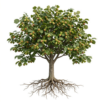 Theta Hazelnut tree, mature full tree bearing abundant hazelnuts surrounded by green husks, exposed visible roots, 11 ratio, isolated on seamless pure white background