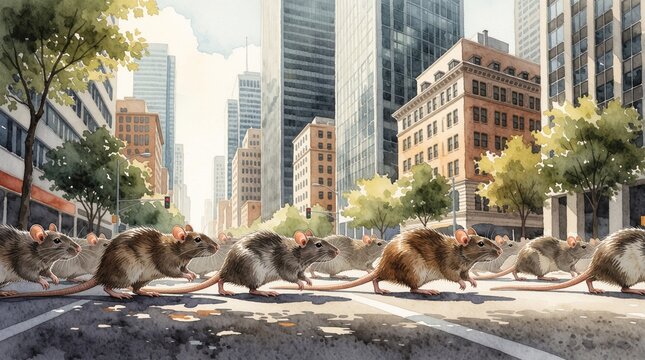 Large group of brown rats runs across city street. Many rodents march through urban downtown area between tall skyscrapers. Watercolor illustration shows vermin invasion in modern metropolitan center