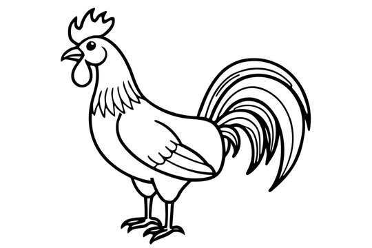 Cartoon rooster standing with large colorful tail feathers