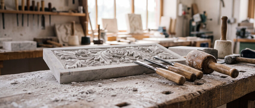 Artisan woodworking bench with hand tools and intricate floral carving in workshop