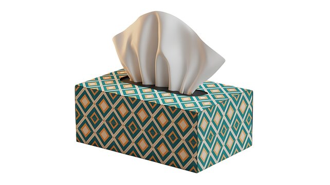 Decorative tissue box with geometric pattern tissues emerging, isolated on transparent background