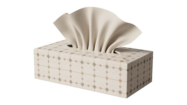 Decorative tissue box with geometric pattern tissues emerging, isolated on transparent background