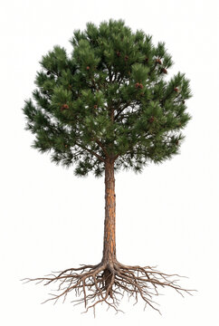 Loblolly Pine tree, tall trunk and dense dark green needle canopy, exposed visible roots, 23 ratio, isolated on seamless pure white background