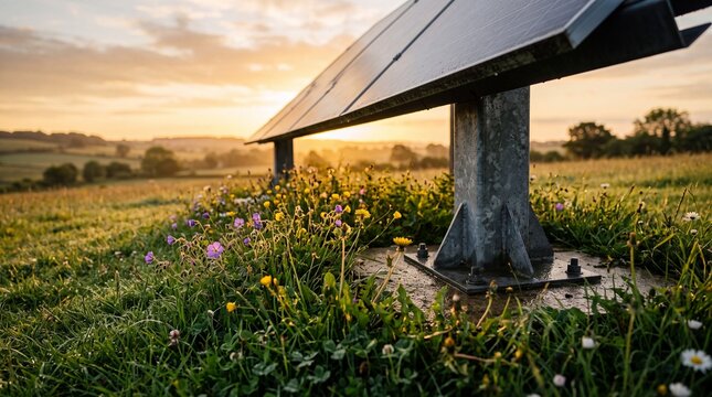 Ground-Mounted Photovoltaic Solar Panel System Anchored in Lush Green Agricultural Field at Golden Hour Sunset for Decentralized Clean Power Generation and Renewable Energy - Generative AI