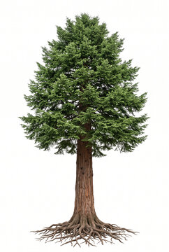 Mature Grand Fir tree, tall straight trunk with broad dense fragrant evergreen canopy, exposed visible roots, 23 ratio, isolated on seamless pure white background,