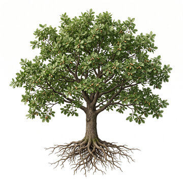 Sessile Oak tree, mature full tree with broad spreading canopy, lobed green leaves and acorns, exposed visible roots, 11 ratio, isolated on seamless pure white background
