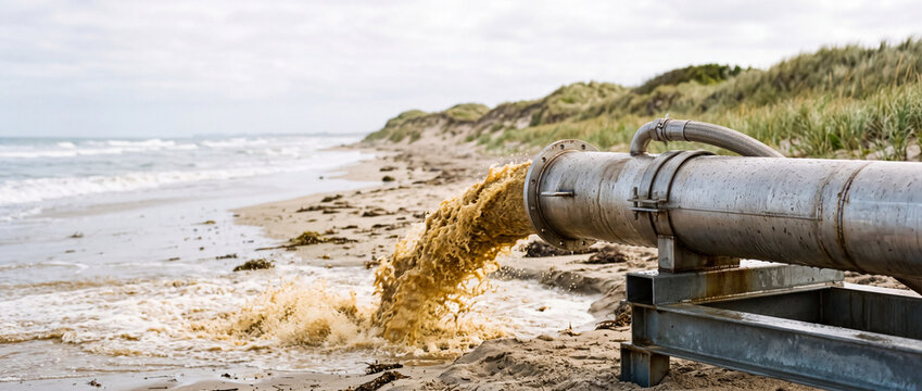 Large metal pipe discharging sediment onto coastal beach during dredging and shoreline restoration work