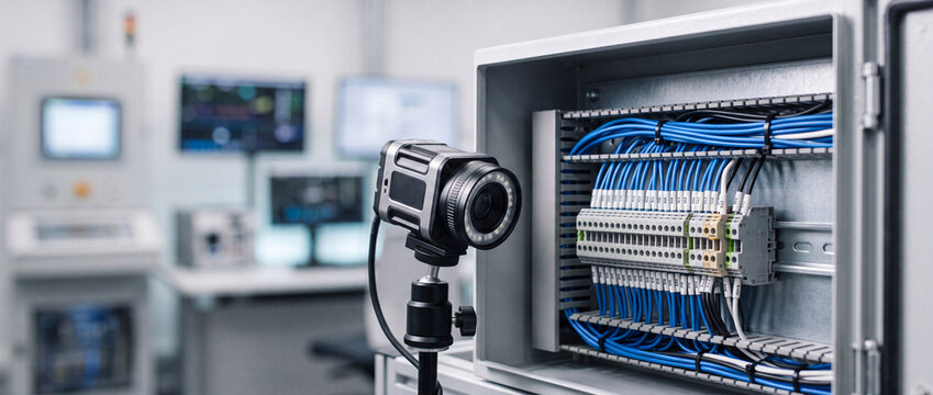 Industrial camera inspection of electrical control panel and organized wiring in modern testing lab
