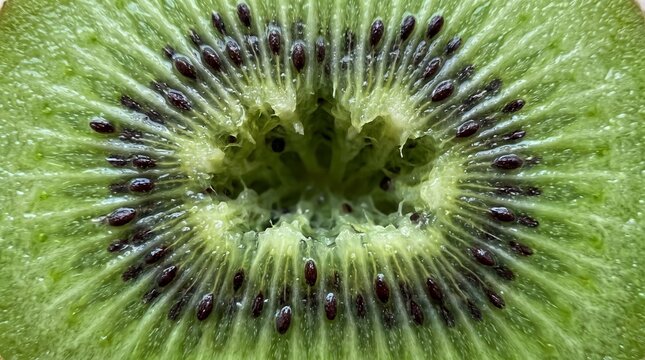 Extreme macro background texture of a fresh green kiwi fruit slice showing seeds