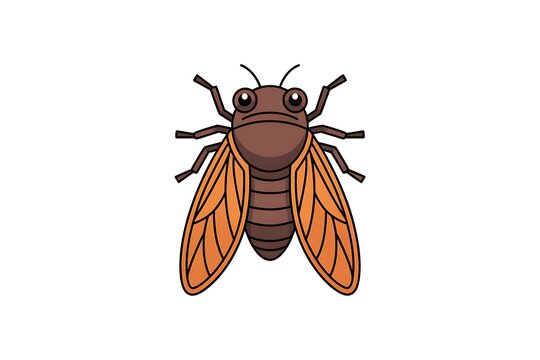 Cute cartoon cicada insect with orange wings and purple body isolated on white background
