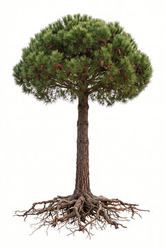 Mature Maritime Pine tree, tall trunk with broad rounded evergreen crown, exposed visible roots, 23 ratio, isolated on seamless pure white background