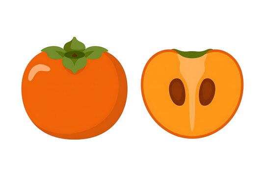 Fresh whole and sliced orange persimmon fruit vector illustration isolated on white background