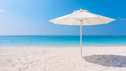 Fototapeta premium White Beach Umbrella on Sandy Beach with Ocean View