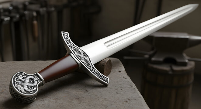 A beautifully crafted medieval fantasy sword with intricate dragon carvings on the pommel and crossguard, resting on a smithing stone in a blacksmith workshop