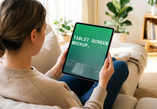 Hands Holding Vertical Tablet Mockup On Sofa, Home Technology Presentation