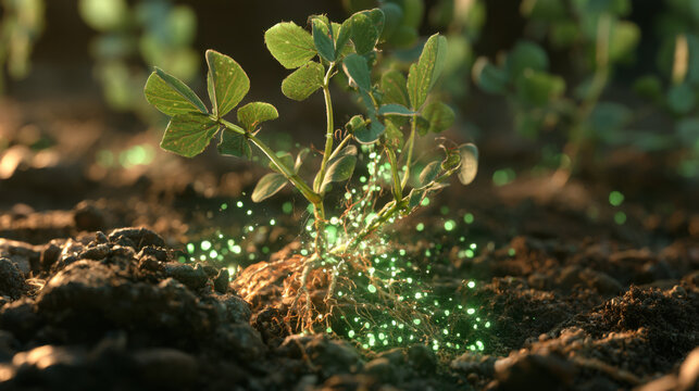 Young soybean plant sprouting in fertile soil with water droplets symbolizing growth and agriculture
