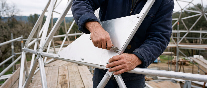 Construction worker tightening bolts on metal geodesic dome frame with wrench outdoors