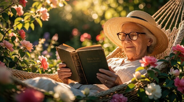 Elderly woman relaxes in garden hammock reading book. Senior lady wears straw hat, glasses enjoying summer day. Beautiful rose flowers bloom around in sunny backyard. Peaceful retirement lifestyle