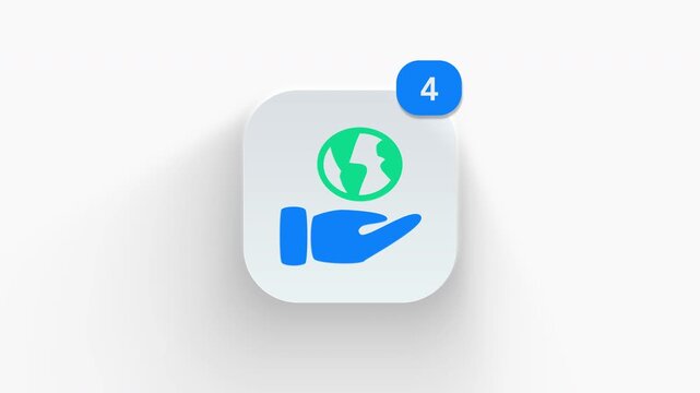 Caring hand with globe app icon featuring animated notification badge with counter 1 to 99, dynamic shadow effect, minimalist save planet earth protection concept, on white background. 