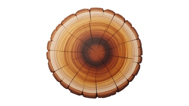 Round wooden tree slice with concentric rings, isolated on transparent background 