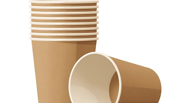 Stack of brown paper cups one lying down, isolated on transparent background 