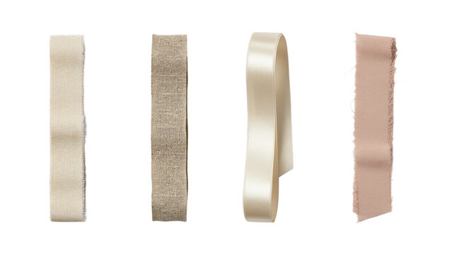 Set of four isolated fabric ribbon strips with textured textile edges on white background