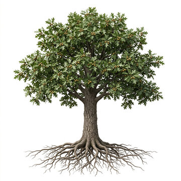 Cherrybark Oak tree, mature full tree with tall trunk, broad canopy, lobed leaves and acorns, exposed visible roots, 11 ratio, isolated on seamless pure white background