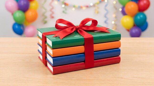 Stack of Colorful Books Tied with Red Ribbon on Wooden Table, Party Balloons Background, Graduation Gift Concept