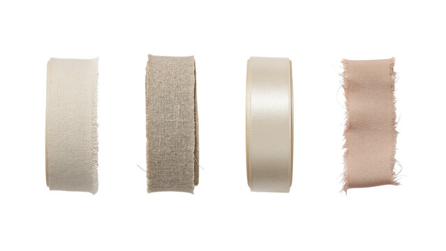 Set of four decorative fabric ribbons and textured lace trims isolated on white background