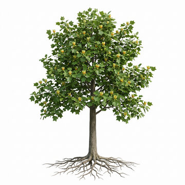 Yellow Poplar tree, mature full tree with tall straight trunk, broad tulip-shaped leaves and distinctive flowers, exposed visible roots, 11 ratio, isolated on seamless pure white background