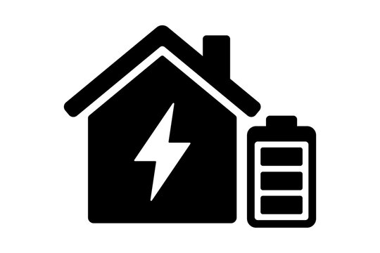 Black Eco Smart Home Icon with Battery Storage and Lightning Bolt Isolated on Transparent Background house power energy