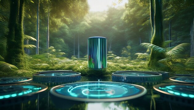concept of advancing eco friendly battery tech and sustainable energy storage visualized as a battery like pond within a dense rainforest 3d rendering