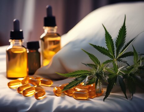 evening bedroom with cbd oil capsules and hemp branch