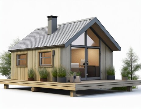 concept of a mobile scandinavian tiny house isolated on white background 3d rendering