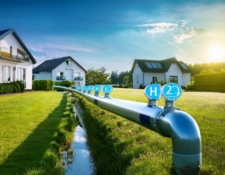 a hydrogen pipeline to houses illustrating the transformation of the energy sector towards clean carbon neutral safe and independent energy sources to replace natural gas in homes