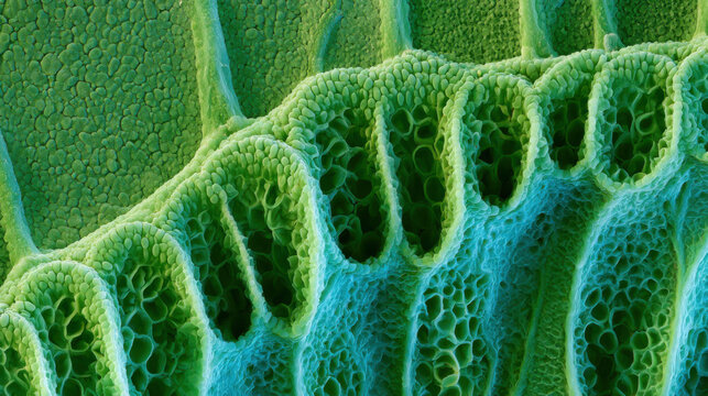 Microscopic view of green leaf stomata cells magnified for botanical science research