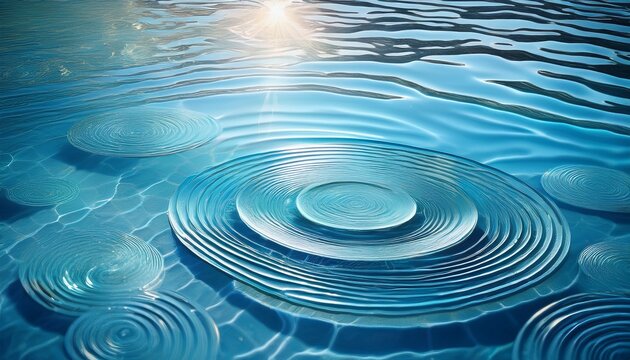 circles and waves on blue water in sunlight transparent blue water surface texture with splashes and circles abstract natural backdrop