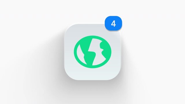 Global ecology app icon featuring animated notification badge with counter 1 to 99, dynamic shadow effect, minimalist earth leaf ecosystem protection concept, on white background. 