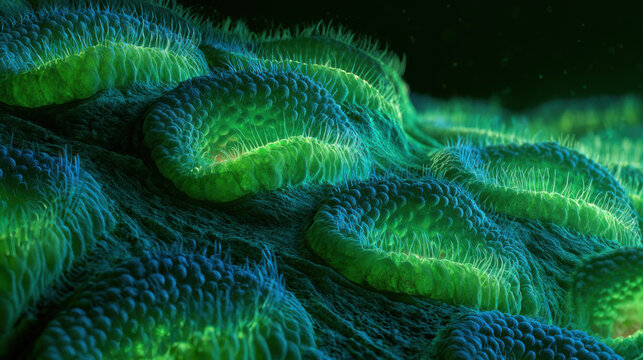 Microscopic 3D render of vibrant green leaf stomata opening with glowing blue veins in ultra HD detail