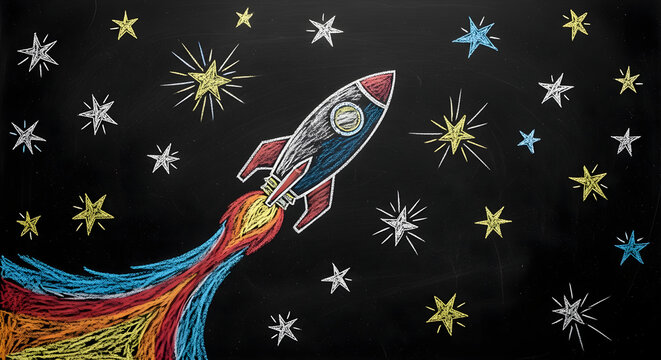 Chalk drawing of a rocket flying in space with stars