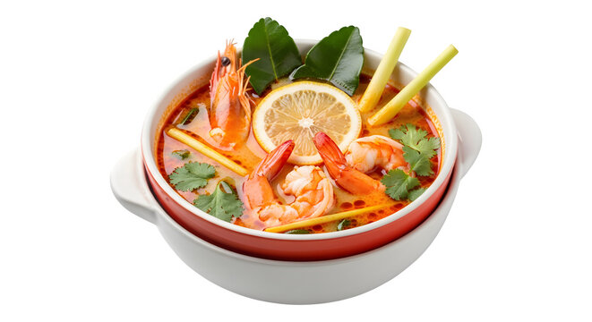 Tom yum goong soup with shrimp, lemongrass, and lime isolated on transparent background