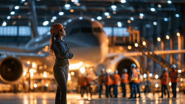 Workers in an airport hangar prepare for an aircraft maintenance task in the evening hours