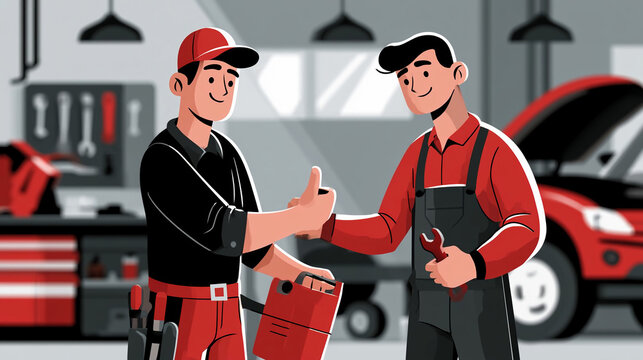 Two mechanics shake hands in a garage after completing a service on a car