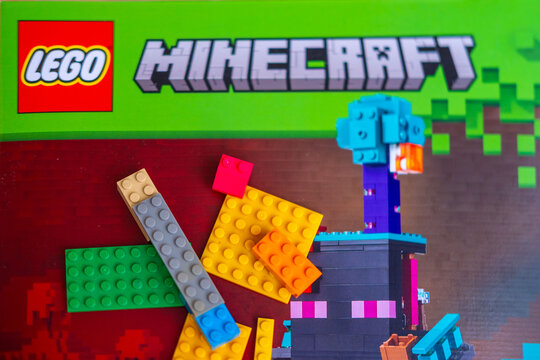 LEGO Minecraft box, multicolored plastic bricks, Colorful toy set, building blocks, development fine motor skills, play time, creative activity product detail, brand identity, creating something new