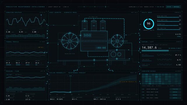 Experience a cutting-edge AI predictive maintenance dashboard visualizing industrial machinery analytics with dynamic data and a sleek dark mode design.