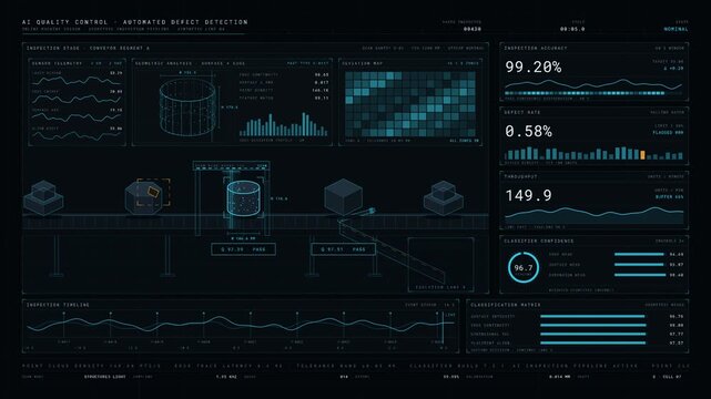 Cinematic visualization of AI-powered quality control on a manufacturing line featuring automated defect detection with stylish industrial elements and analytics overlays.